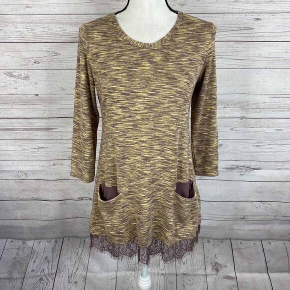 LOGO by Lori Goldstein 3/4 Sleeve Knit Top Sz XS Purple Tan Space Dye Lace Trim
